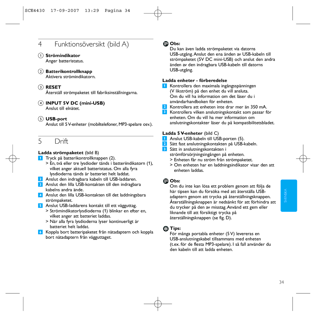 Philips SCE4430 manual Funktionsöversikt bild a, Drift 