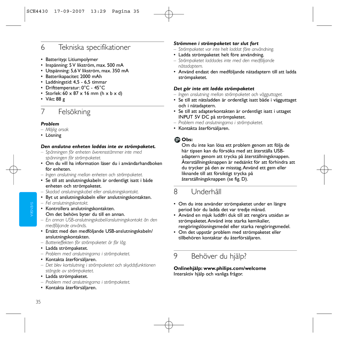 Philips SCE4430 manual Tekniska specifikationer, Felsökning, Underhåll, Behöver du hjälp? 