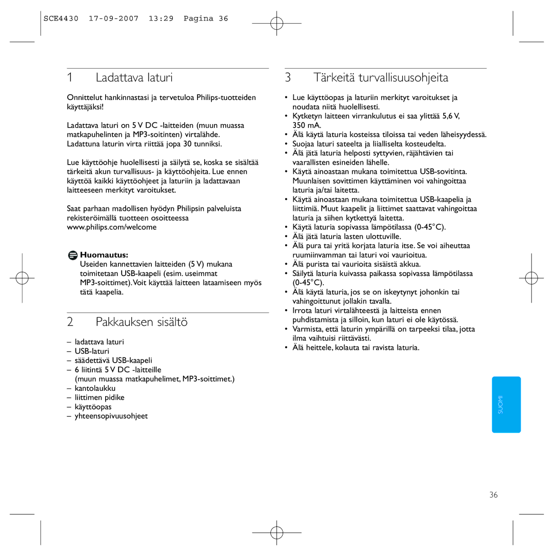 Philips SCE4430 manual Ladattava laturi, Pakkauksen sisältö, Tärkeitä turvallisuusohjeita, Huomautus 