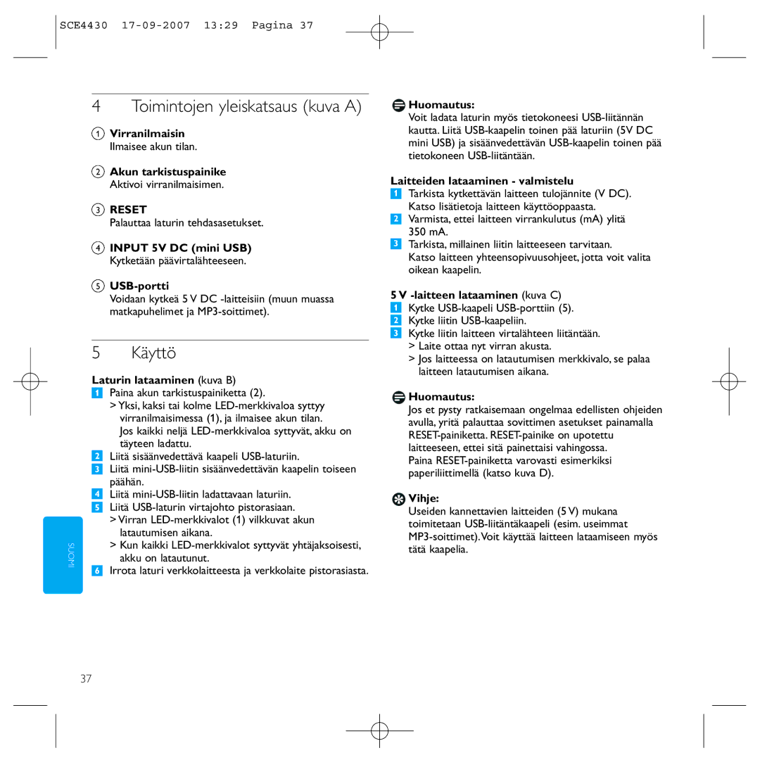 Philips SCE4430 manual Toimintojen yleiskatsaus kuva a, Käyttö 