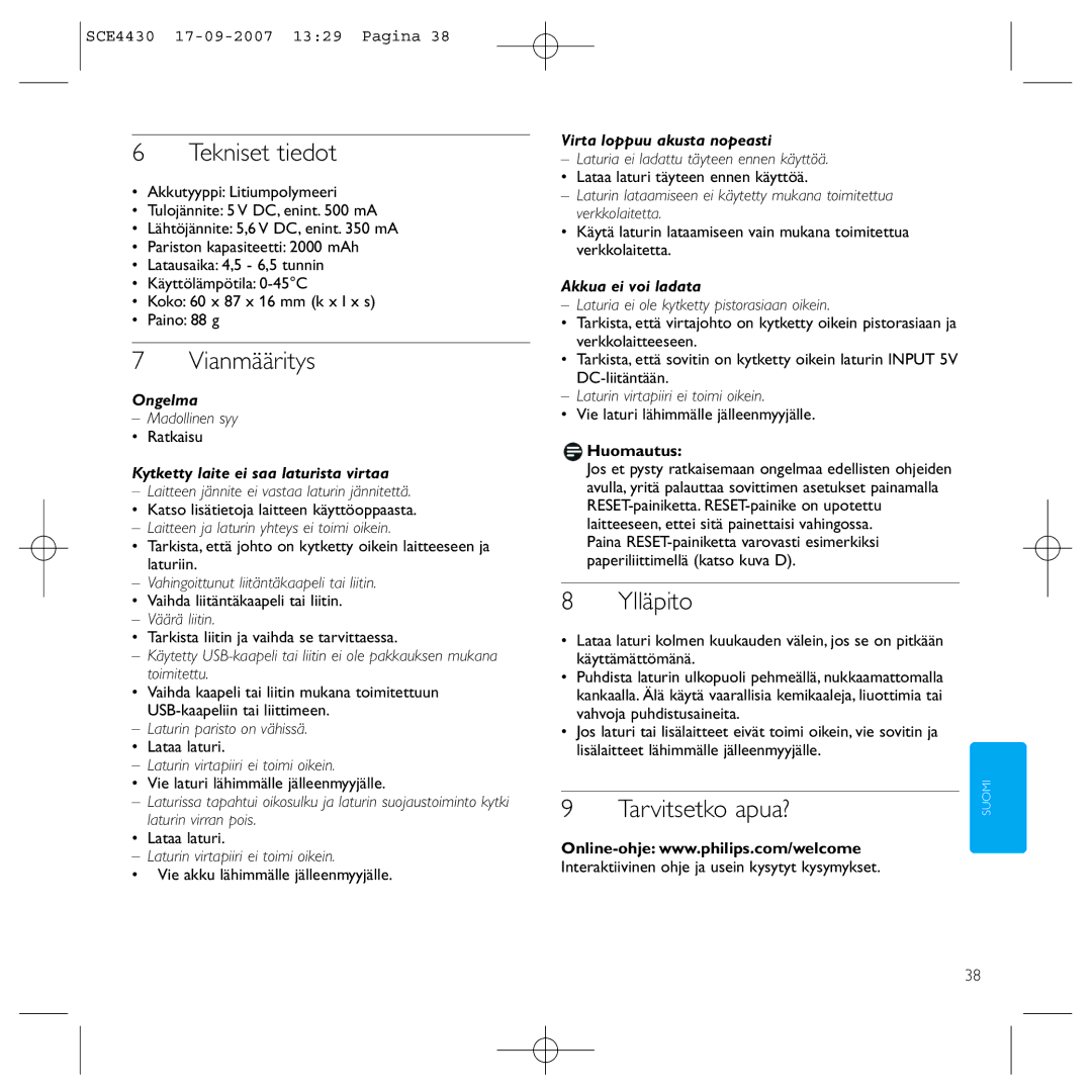 Philips SCE4430 manual Tekniset tiedot, Vianmääritys, Ylläpito, Tarvitsetko apua? 