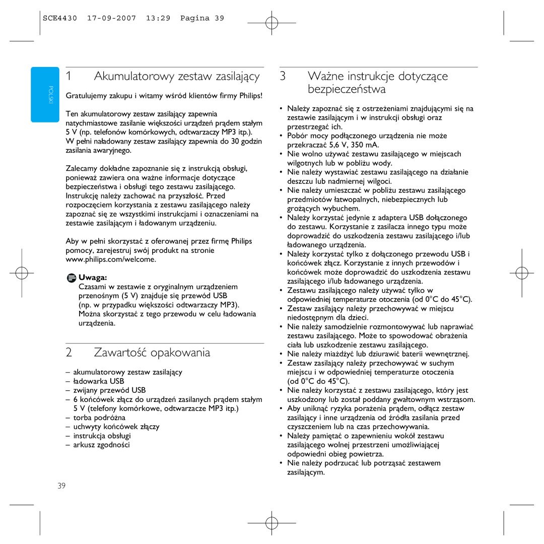 Philips SCE4430 manual Akumulatorowy zestaw zasilający, Zawartość opakowania, Uwaga 