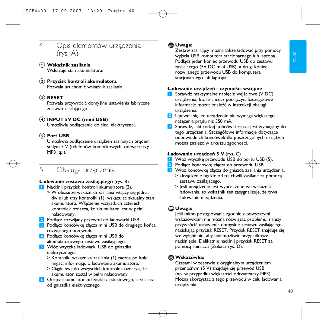 Philips SCE4430 manual Opis elementów urządzenia rys. a, Obsługa urządzenia 