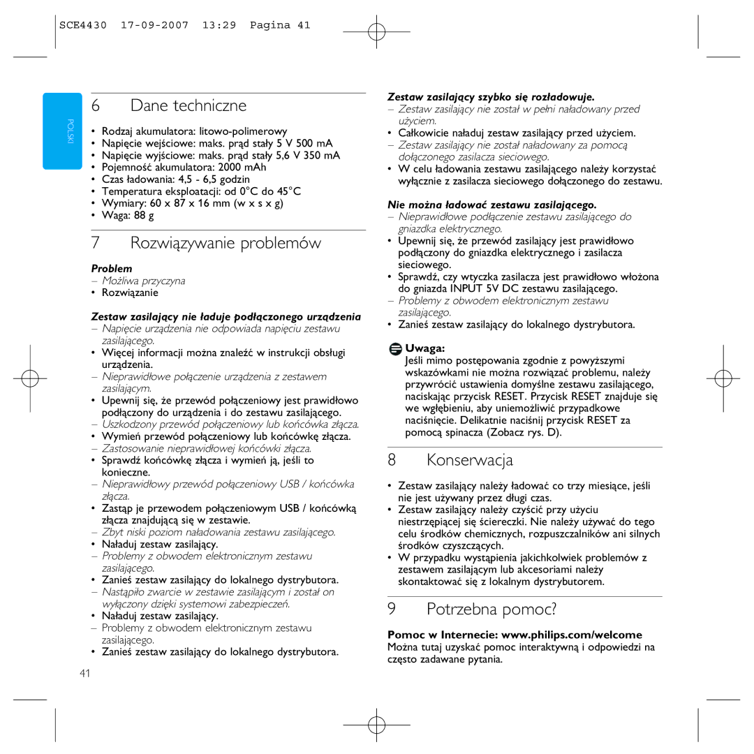 Philips SCE4430 manual Dane techniczne, Rozwiązywanie problemów, Konserwacja, Potrzebna pomoc? 