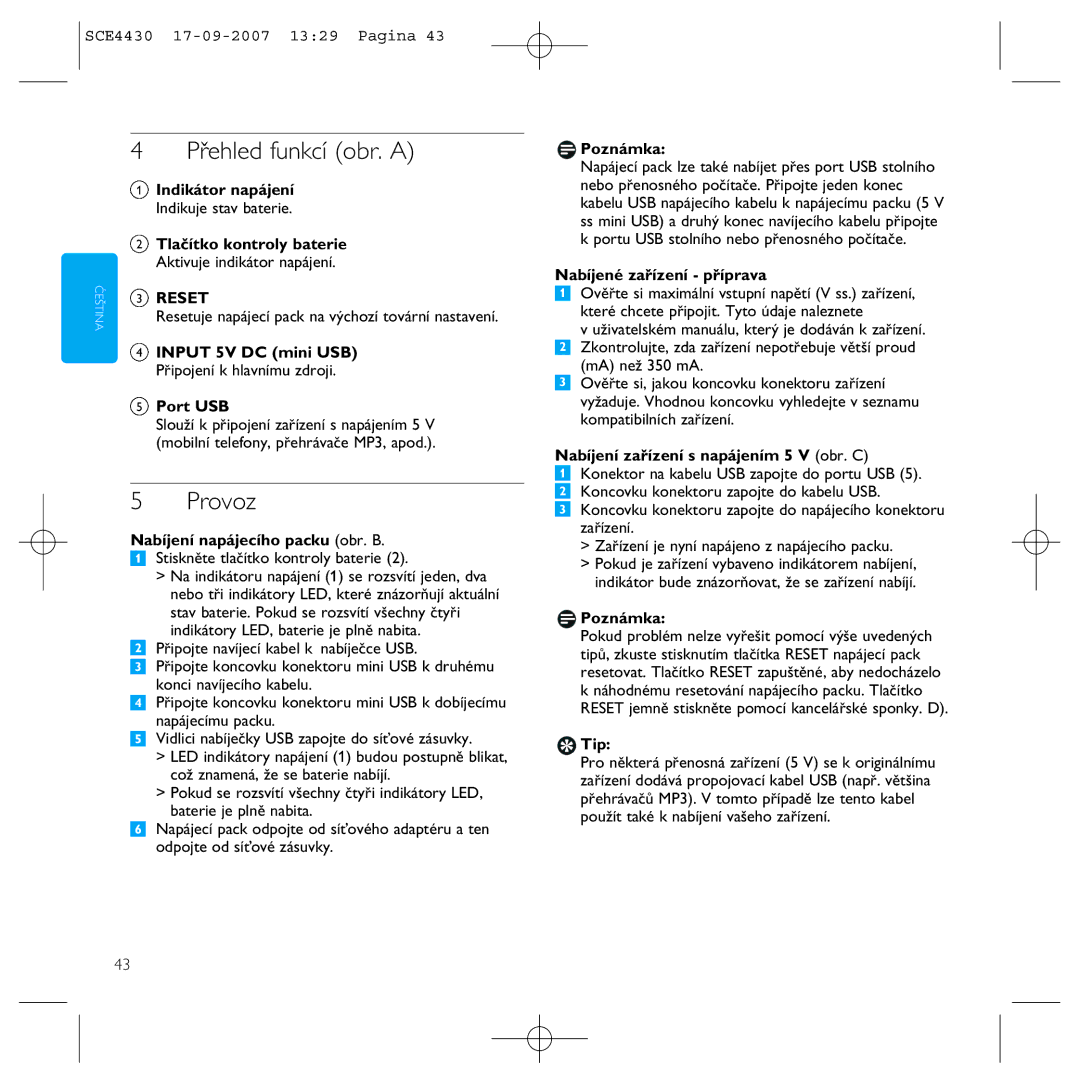 Philips SCE4430 manual Přehled funkcí obr. a, Provoz, Nabíjení napájecího packu obr. B, Nabíjené zařízení příprava 