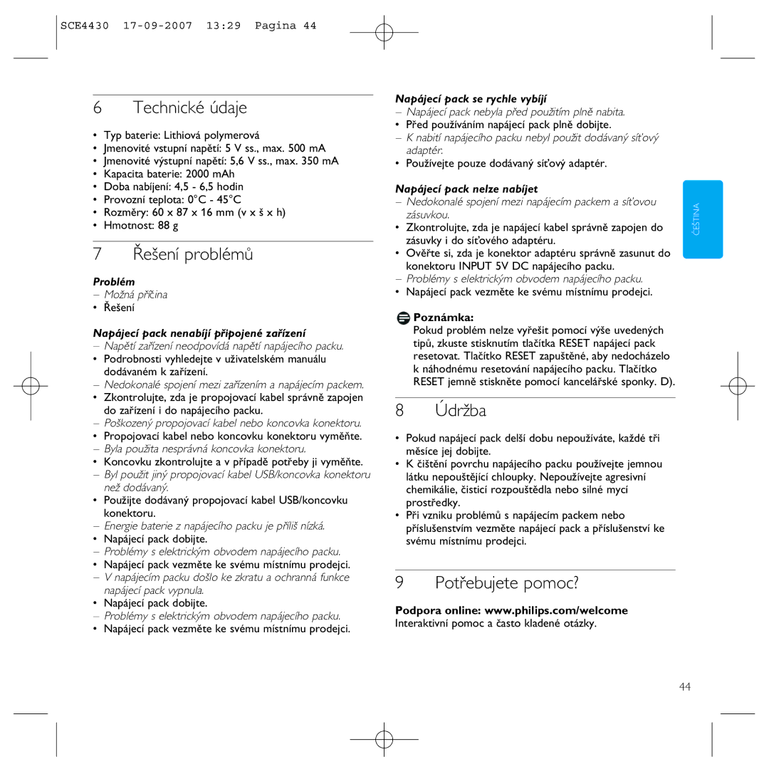 Philips SCE4430 manual Technické údaje, Řešení problémů, Údržba, Potřebujete pomoc? 