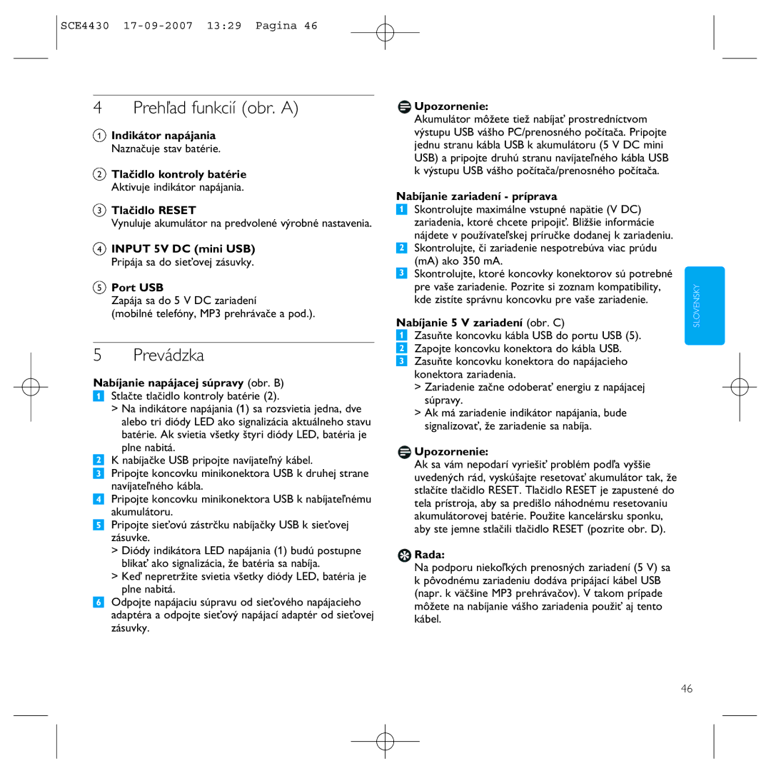 Philips SCE4430 manual Prehľad funkcií obr. a, Prevádzka 