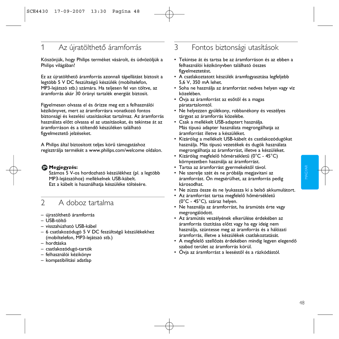 Philips SCE4430 manual Az újratölthető áramforrás, Doboz tartalma, Fontos biztonsági utasítások, Megjegyzés 