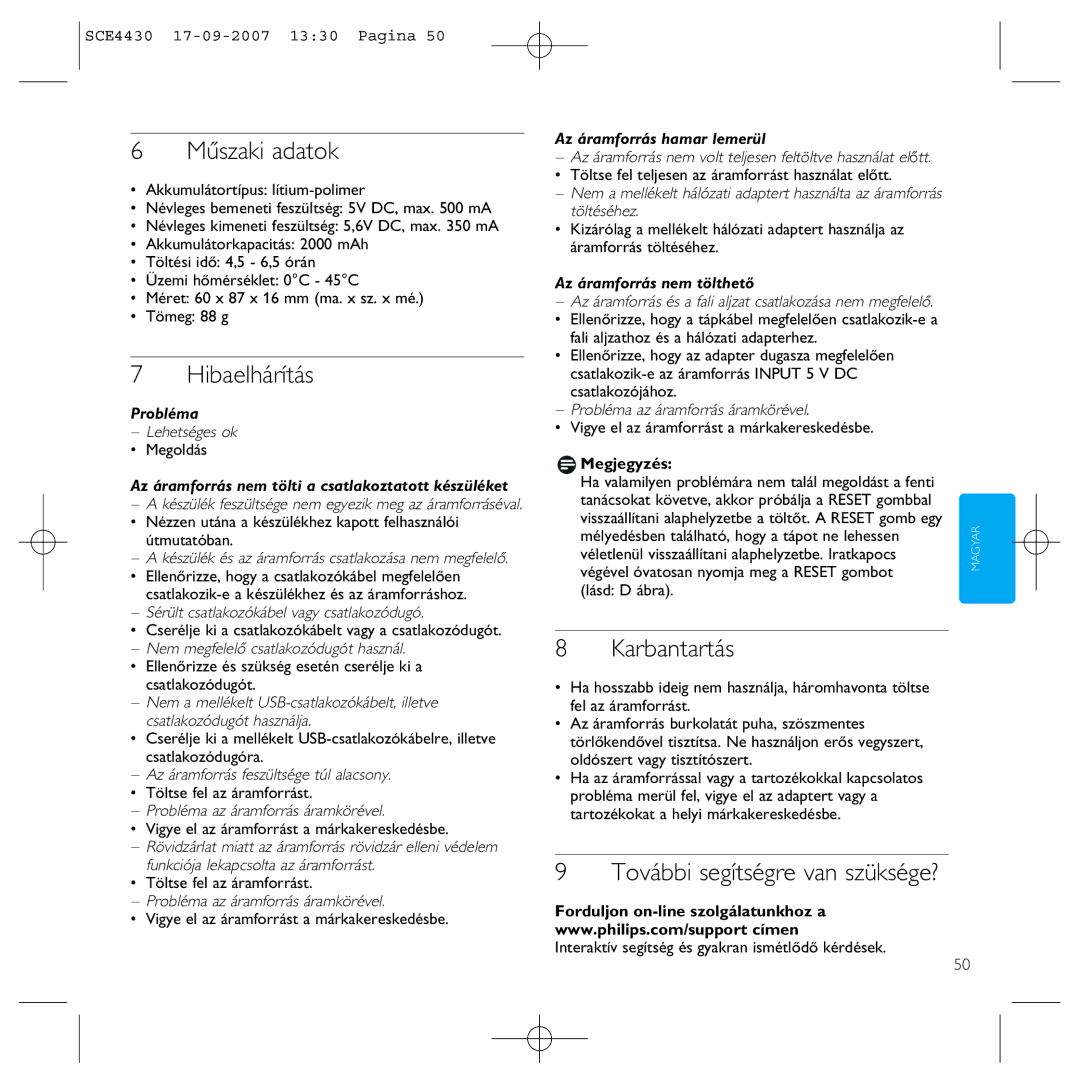 Philips SCE4430 manual Műszaki adatok, Hibaelhárítás, Karbantartás 