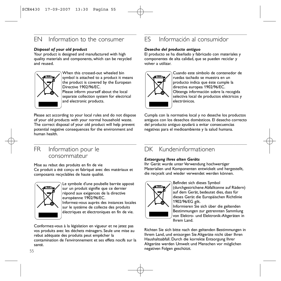 Philips SCE4430 manual EN Information to the consumer, ES Información al consumidor, FR Information pour le consommateur 