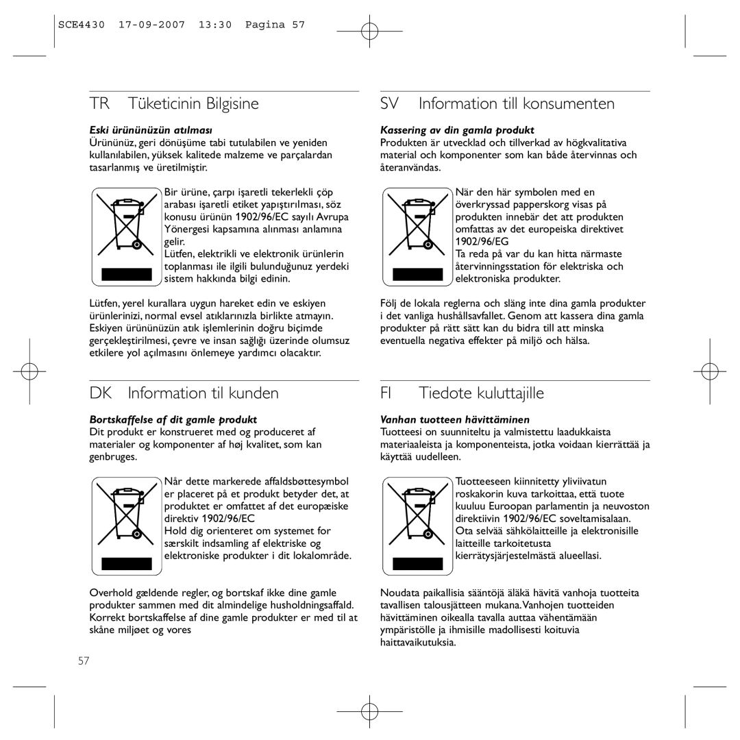 Philips SCE4430 manual TR Tüketicinin Bilgisine, SV Information till konsumenten, DK Information til kunden 