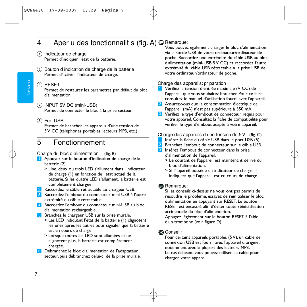 Philips SCE4430 manual Aperçu des fonctionnalités fig. a, Fonctionnement 