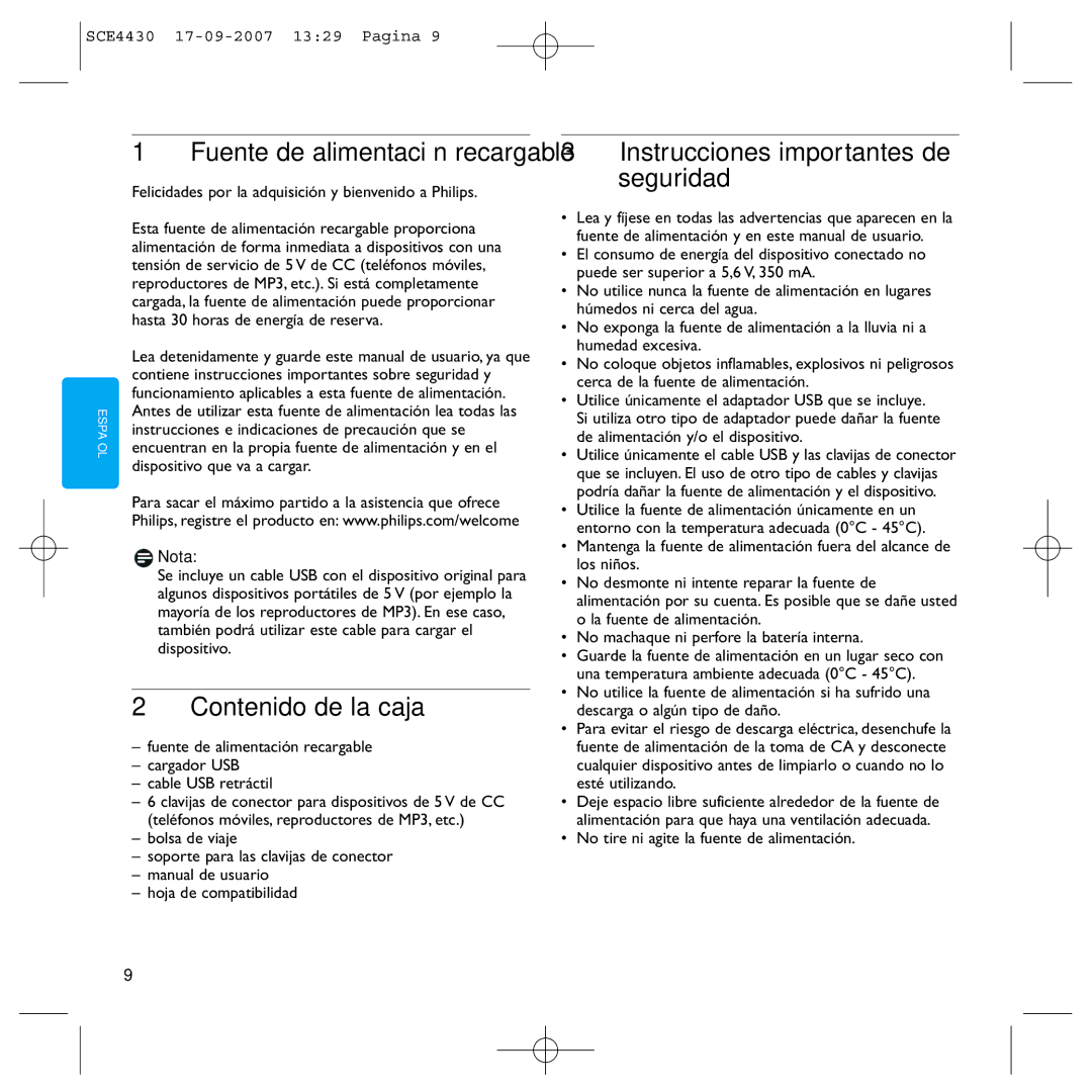 Philips SCE4430 Fuente de alimentación recargable, Contenido de la caja, Instrucciones importantes de seguridad, Nota 