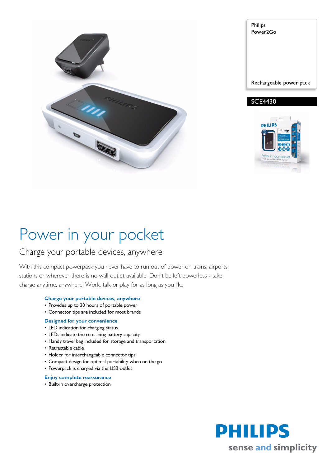 Philips SCE4430/05 manual Power in your pocket, Charge your portable devices, anywhere 