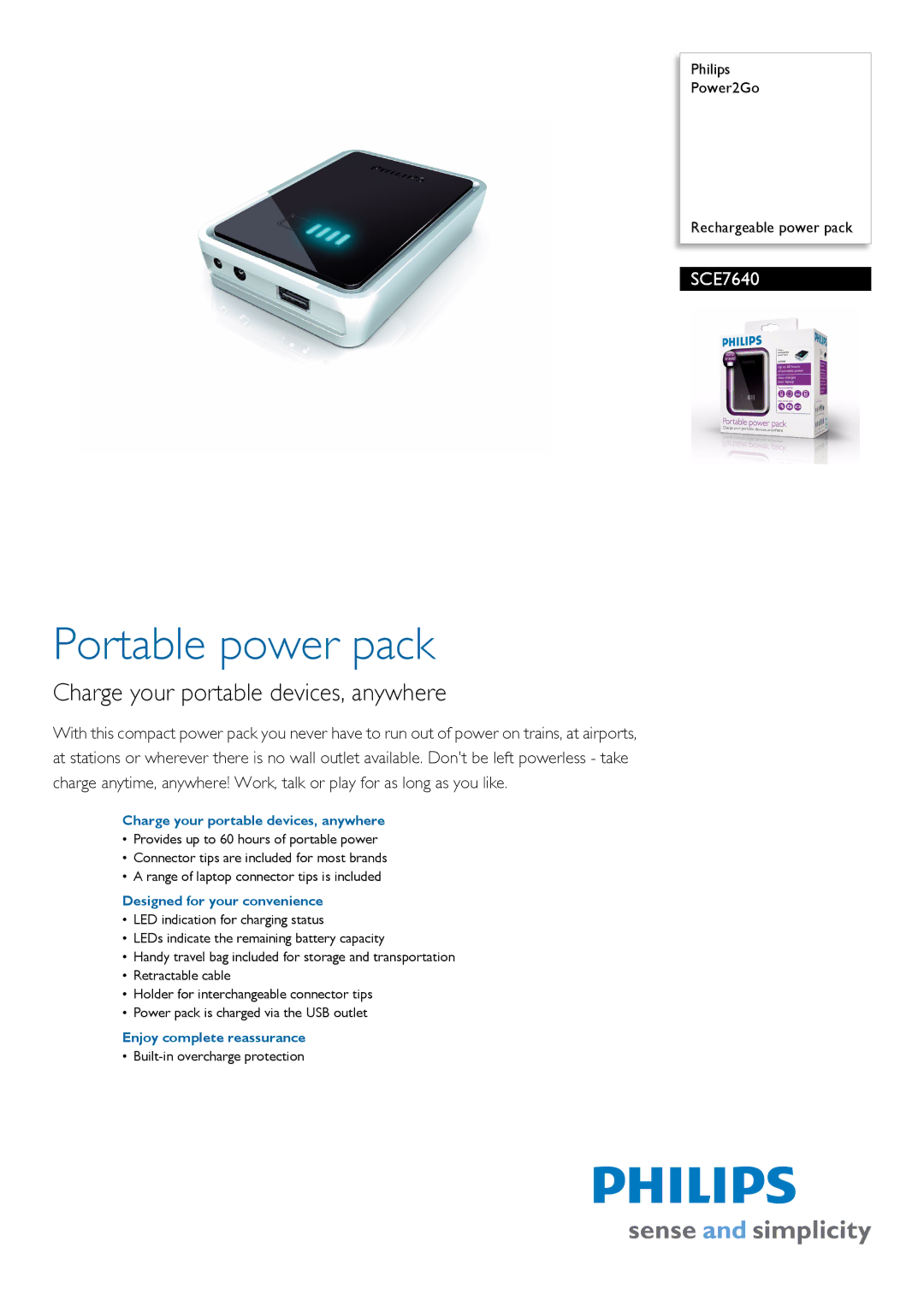 Philips SCE7640 manual Portable power pack, Charge your portable devices, anywhere, Designed for your convenience 