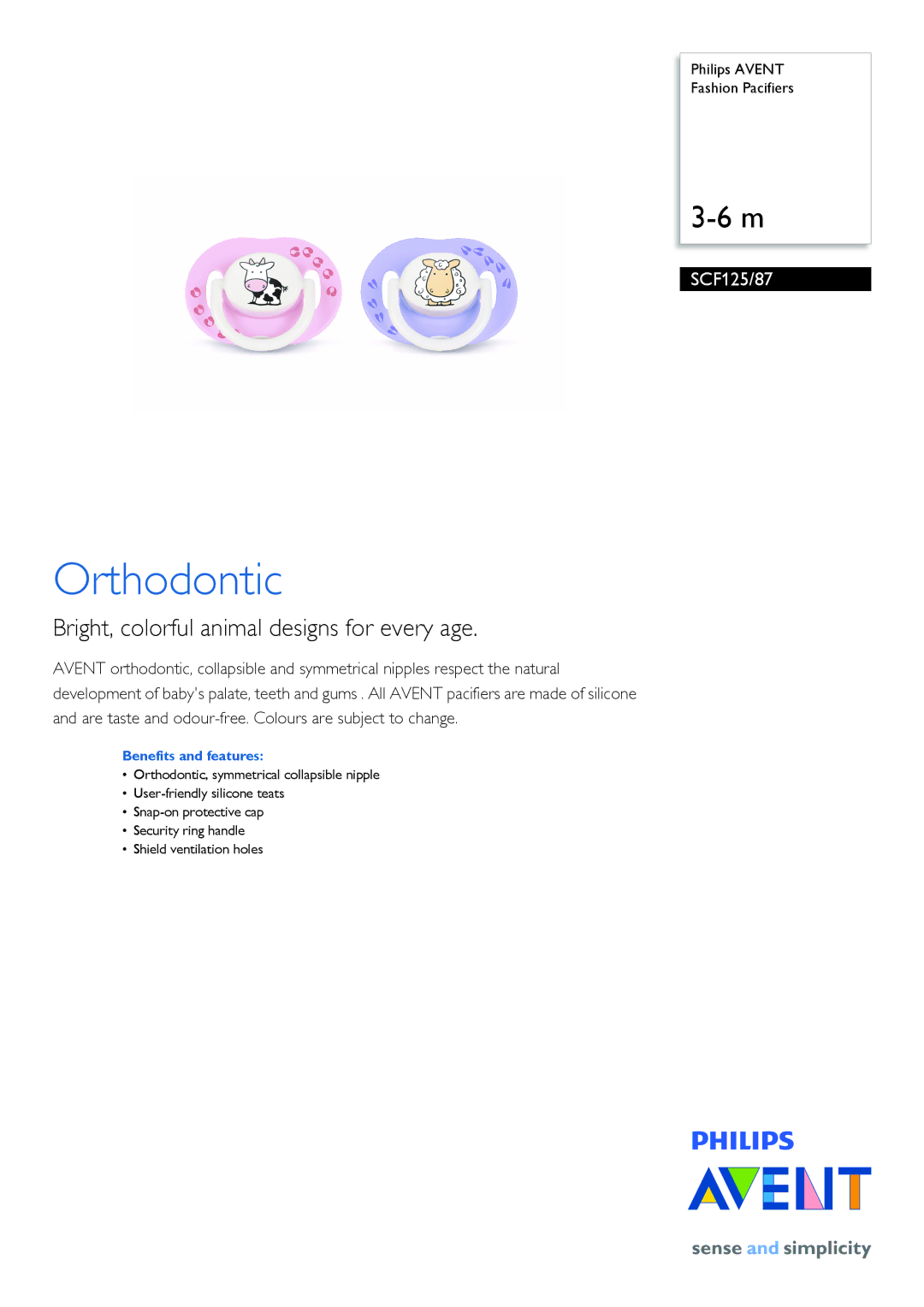 Philips SCF125/87 manual Orthodontic, Bright, colorful animal designs for every age, Benefits and features 