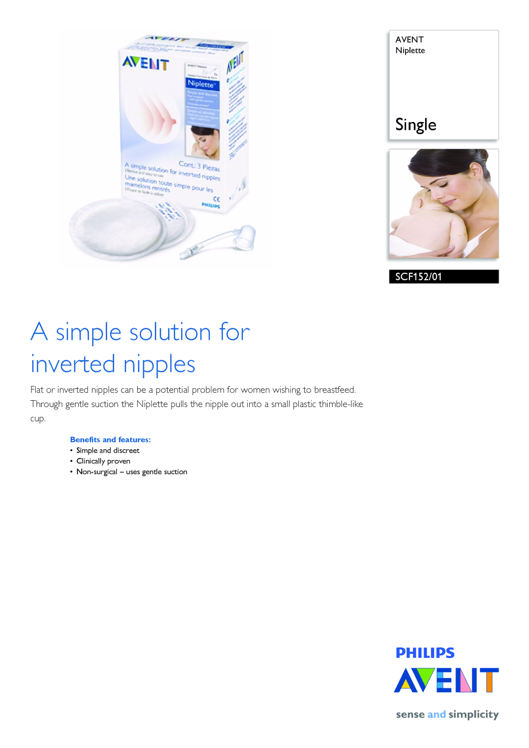 Philips SCF152/01 manual Simple solution for inverted nipples, Benefits and features 