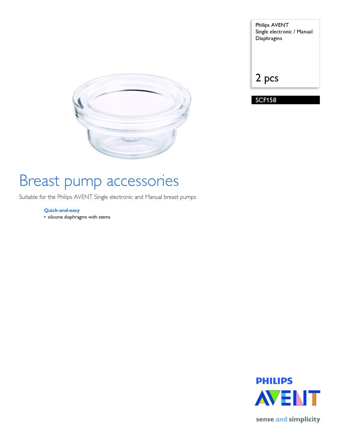 Philips SCF158 manual Philips AVENT Single electronic / Manual Diaphragms, Quick-and-easy, Breast pump accessories, 2 pcs 
