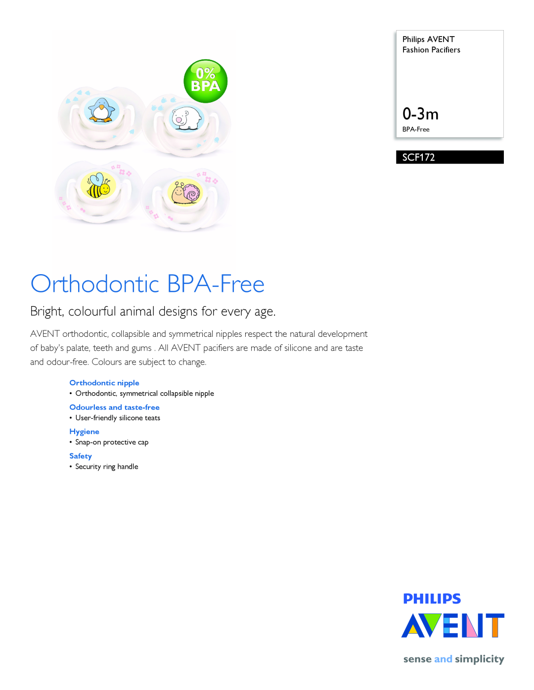 Philips SCF172/20 manual Orthodontic BPA-Free, 0-3m, Bright, colourful animal designs for every age 