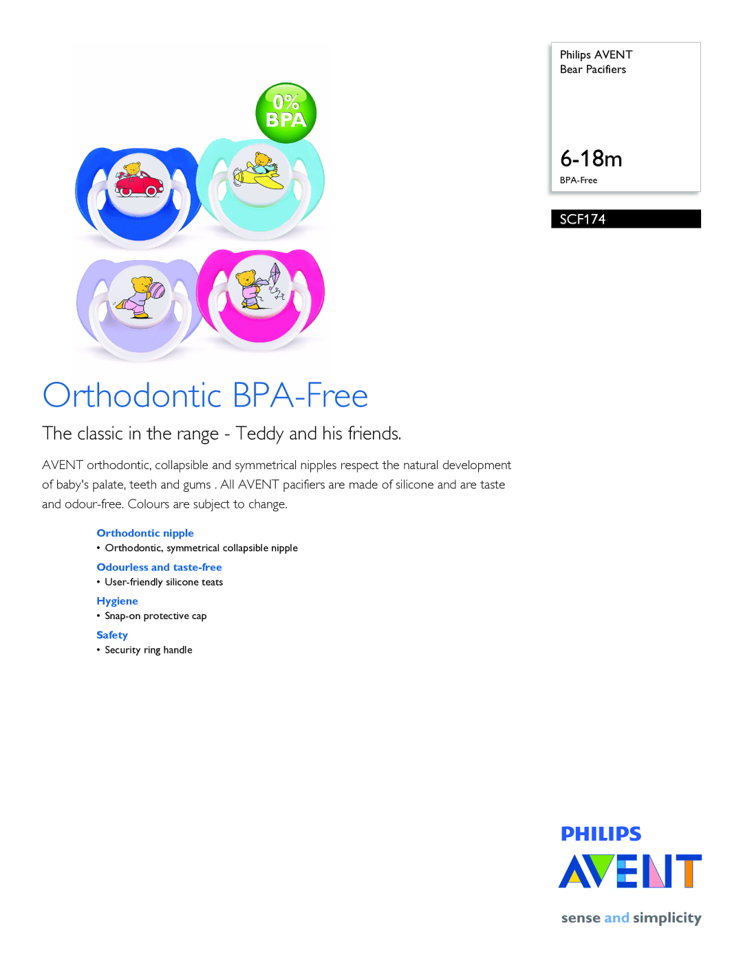 Philips SCF174/22 manual Orthodontic BPA-Free, Classic in the range Teddy and his friends 