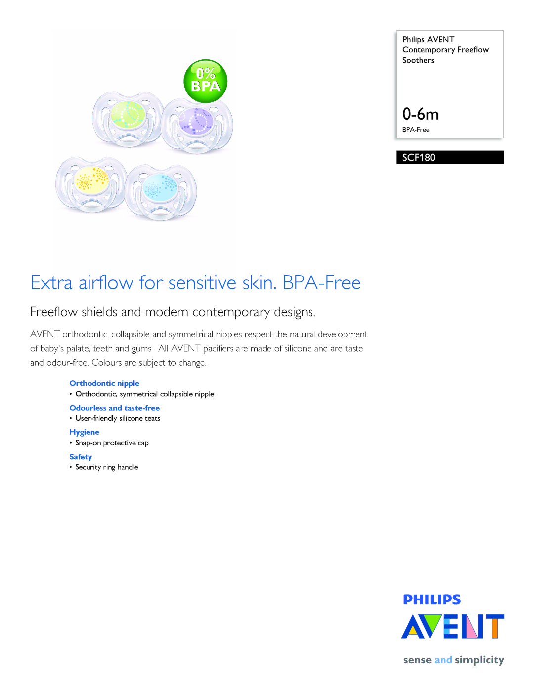 Philips SCF180/23 manual Extra airflow for sensitive skin. BPA-Free, Freeflow shields and modern contemporary designs 