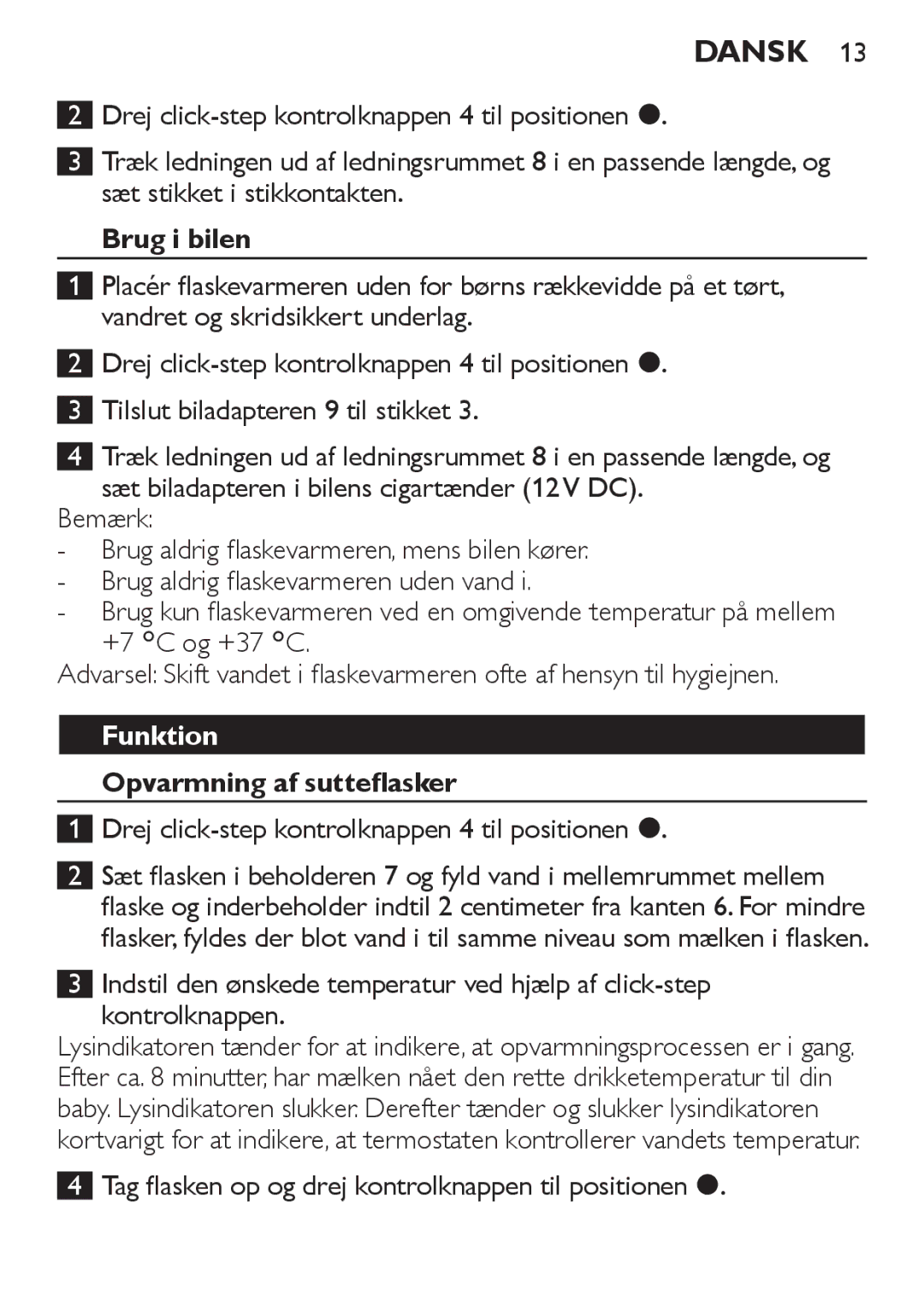 Philips SCF215 manual Dansk, Brug i bilen, Funktion, Opvarmning af sutteflasker 