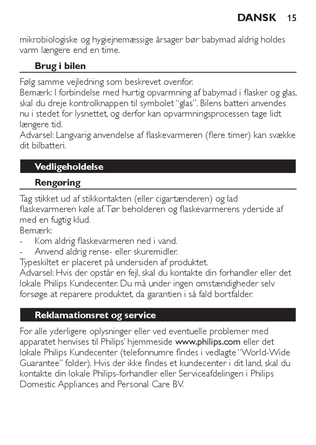 Philips SCF215 manual Vedligeholdelse, Rengøring, Reklamationsret og service 