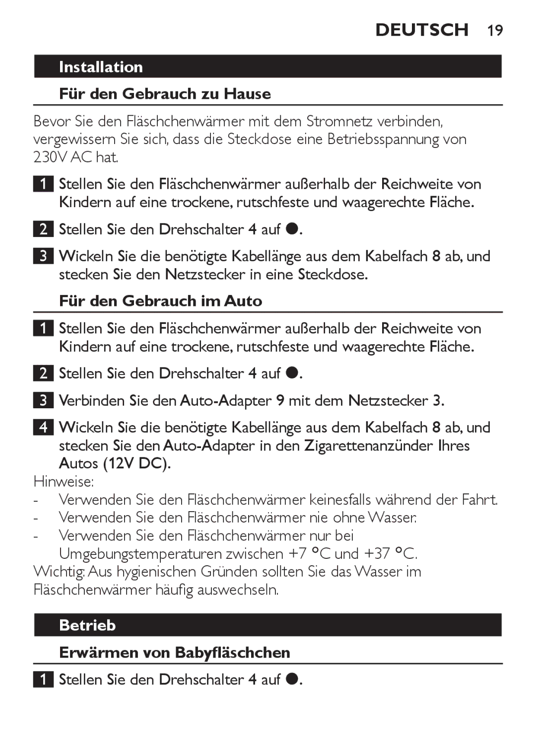 Philips SCF215 manual Deutsch, Für den Gebrauch zu Hause, Für den Gebrauch im Auto, Betrieb, Erwärmen von Babyfläschchen 