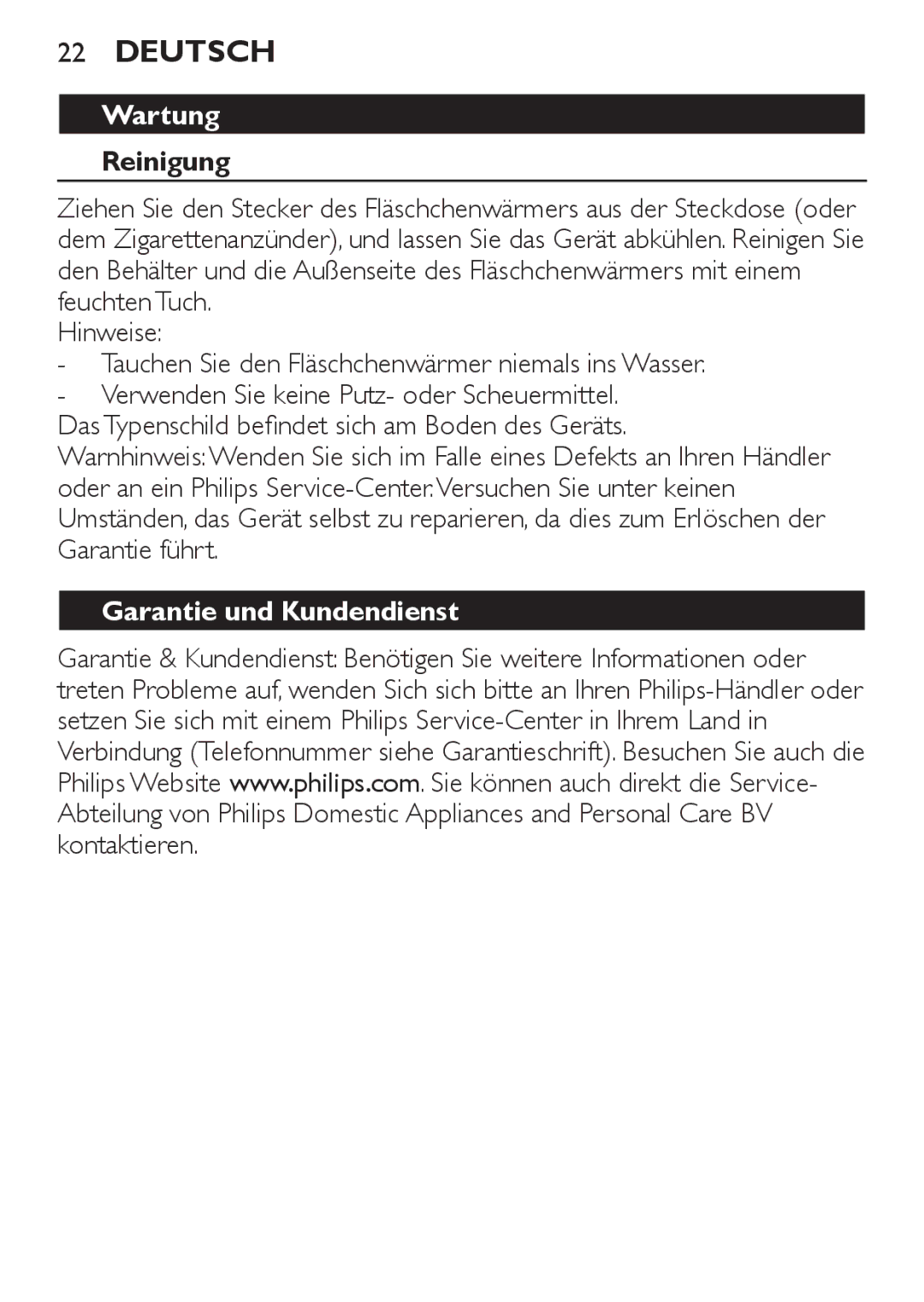 Philips SCF215 manual Wartung, Reinigung, Garantie und Kundendienst 