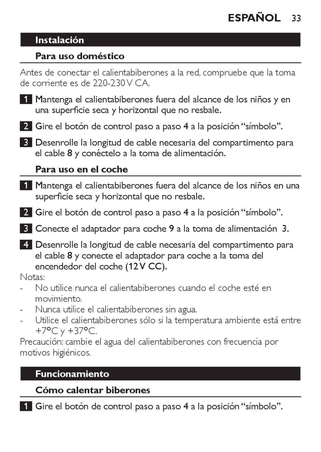 Philips SCF215 manual Español, Instalación, Funcionamiento 