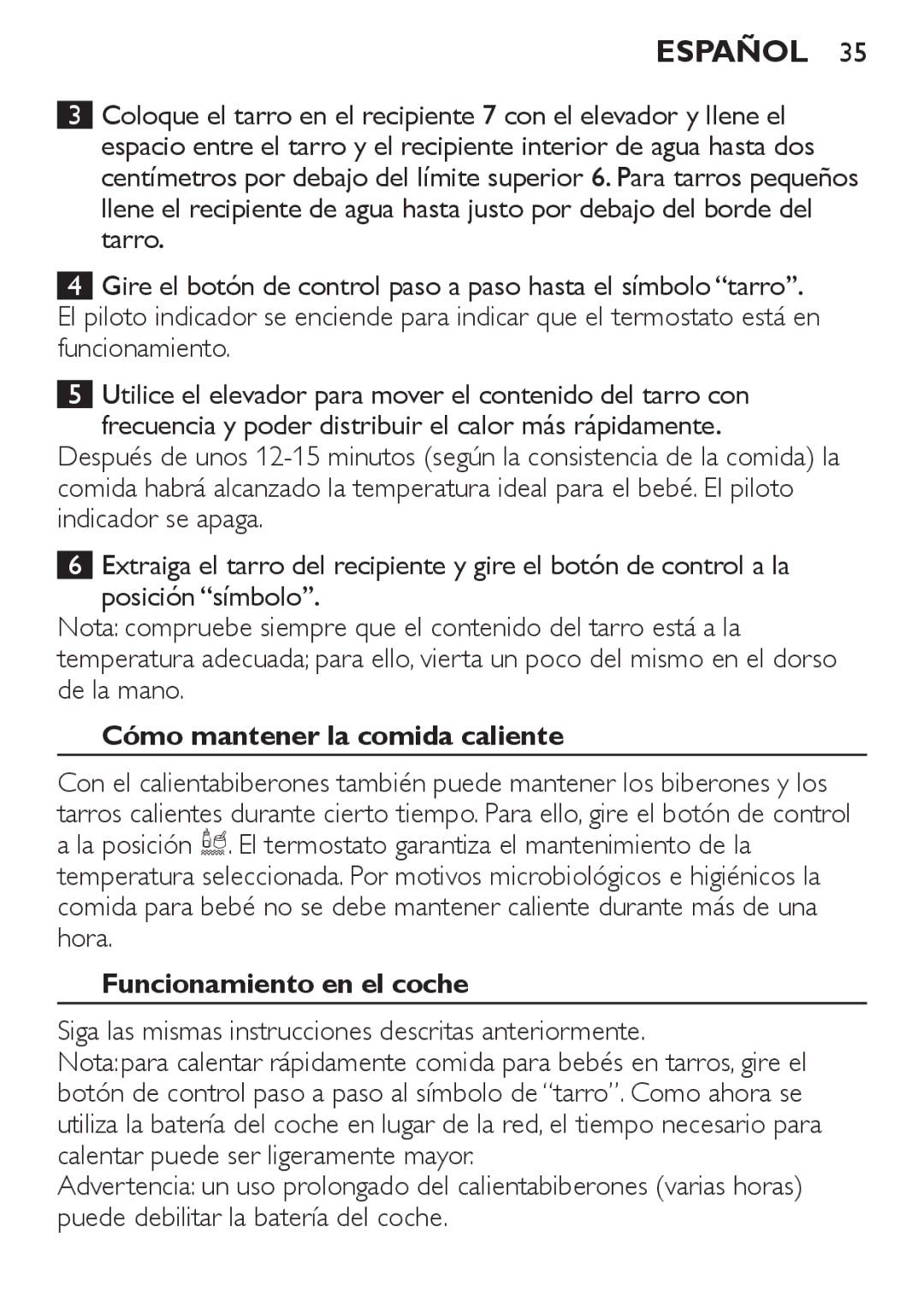 Philips SCF215 manual Cómo mantener la comida caliente, Funcionamiento en el coche 