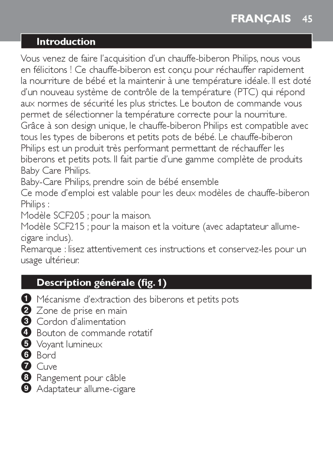 Philips SCF215 manual Français, Description générale fig 