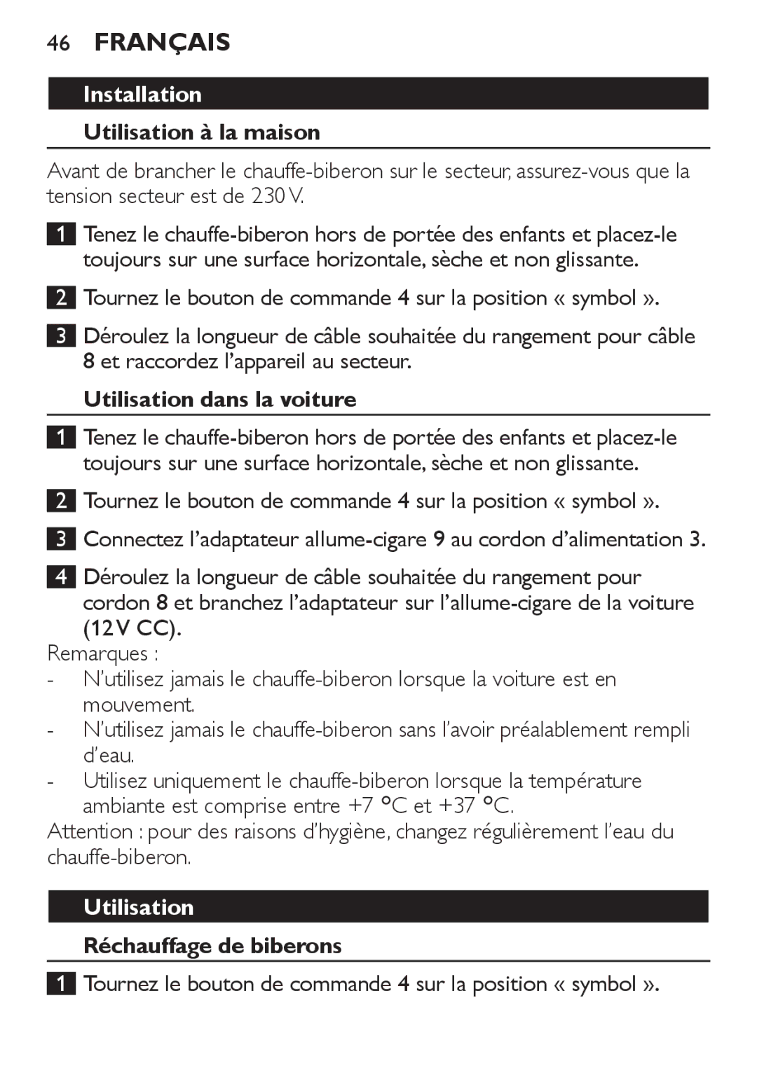 Philips SCF215 manual Français, Utilisation à la maison, Utilisation dans la voiture, Réchauffage de biberons 