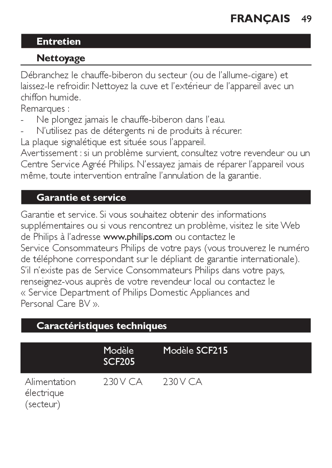 Philips manual Entretien, Nettoyage, Garantie et service, Caractéristiques techniques, Modèle Modèle SCF215 SCF205 