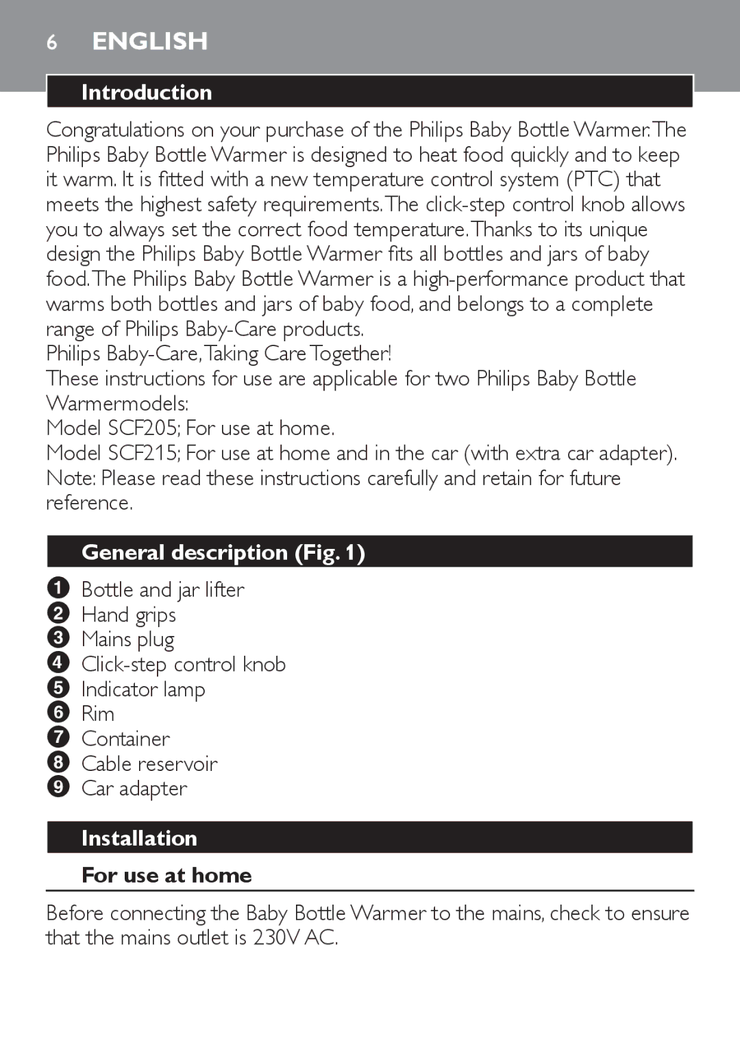 Philips SCF215 manual English, Introduction, General description Fig, Installation, For use at home 