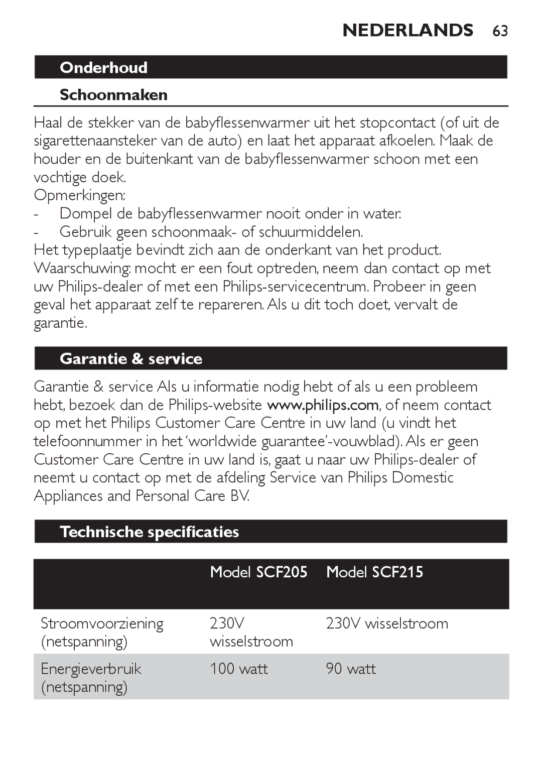 Philips SCF215 manual Onderhoud, Schoonmaken, Garantie & service Technische specificaties 