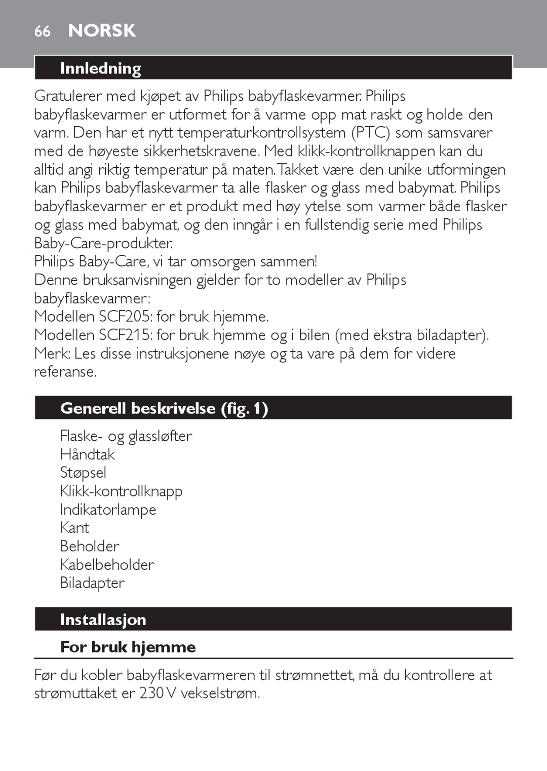 Philips SCF215 manual Norsk, Innledning, Generell beskrivelse fig, Installasjon, For bruk hjemme 