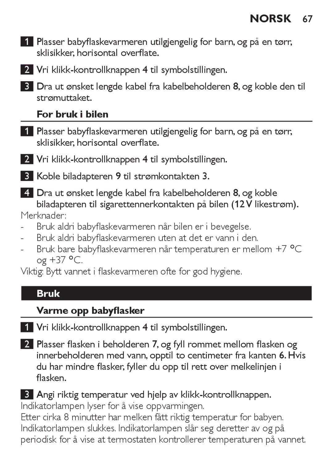 Philips SCF215 manual Norsk, For bruk i bilen, Bruk, Varme opp babyflasker 