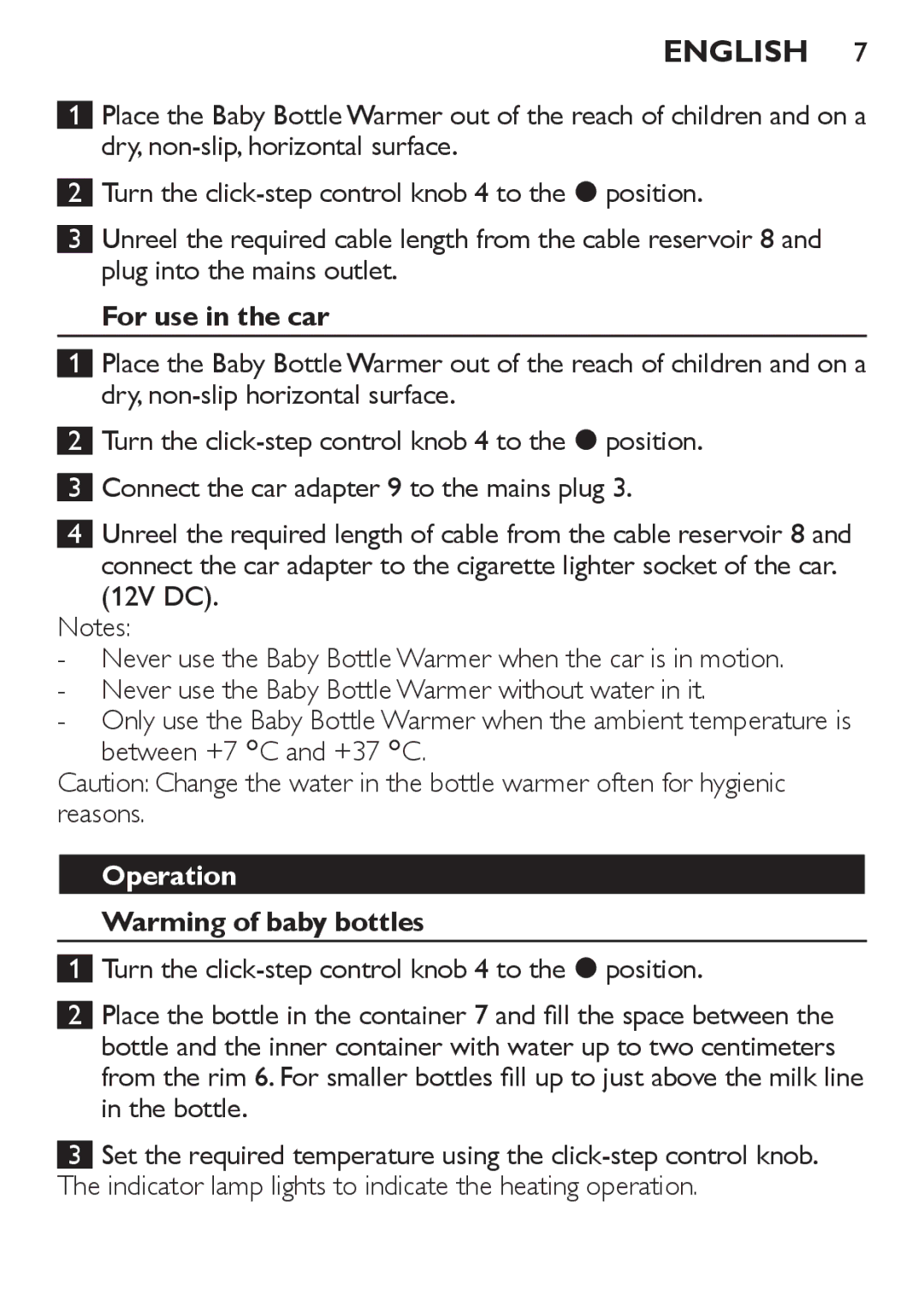 Philips SCF215 manual English, For use in the car, Operation, Warming of baby bottles 