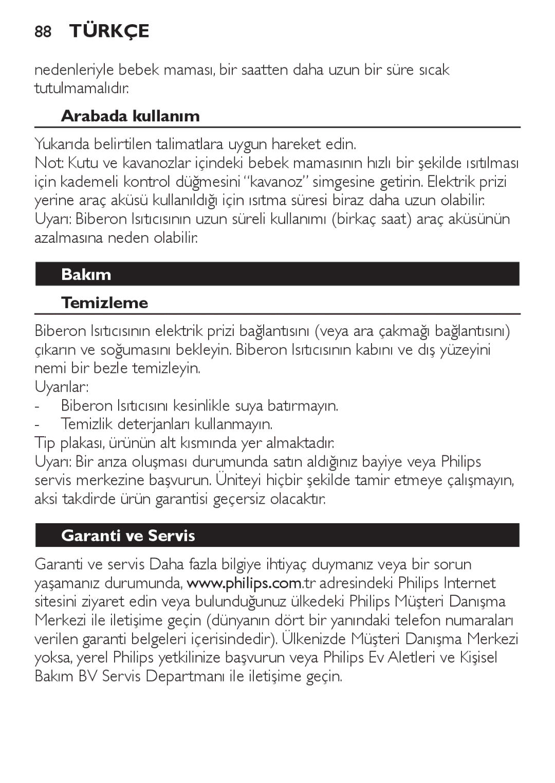 Philips SCF215 manual 88 Türkçe, Arabada kullanım, Bakım, Temizleme, Garanti ve Servis 