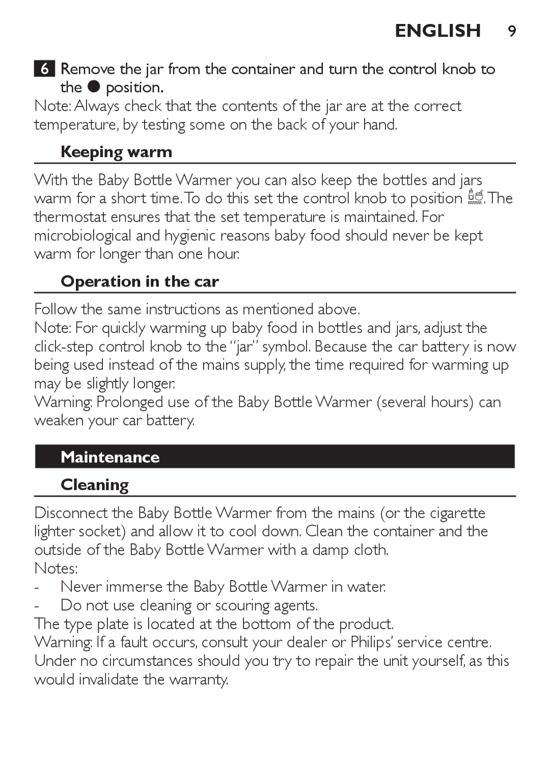 Philips SCF215 Keeping warm, Operation in the car, Follow the same instructions as mentioned above, Maintenance, Cleaning 