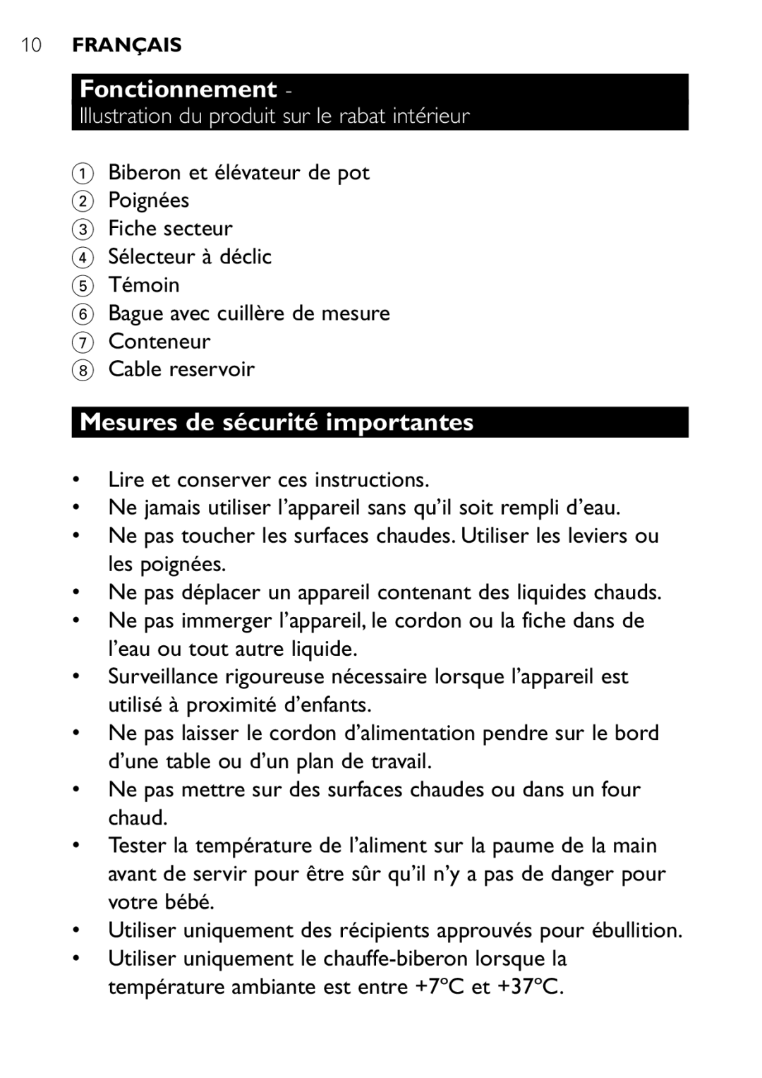 Philips SCF250 user manual Fonctionnement, Mesures de sécurité importantes, Illustration du produit sur le rabat intérieur 