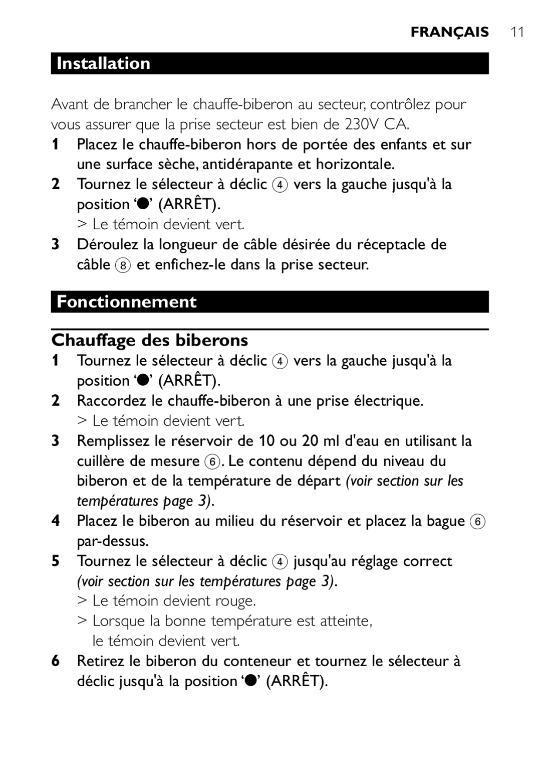 Philips SCF250 user manual Installation, Chauffage des biberons 