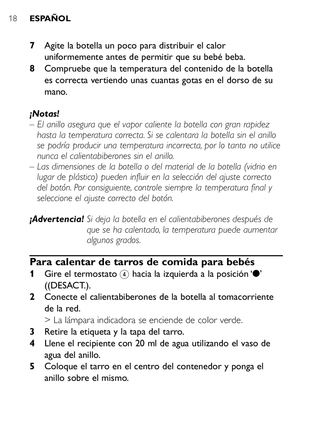 Philips SCF250 user manual Para calentar de tarros de comida para bebés, ¡Notas 