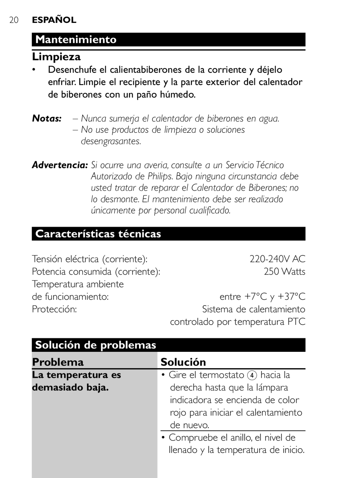 Philips SCF250 user manual Mantenimiento, Limpieza, Características técnicas, Problema Solución 