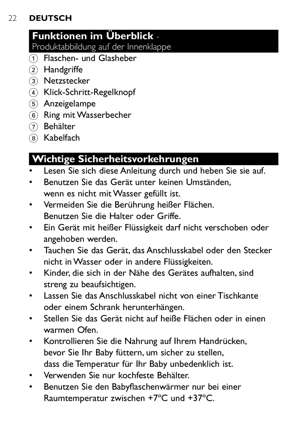 Philips SCF250 user manual Funktionen im Überblick, Wichtige Sicherheitsvorkehrungen, Produktabbildung auf der Innenklappe 