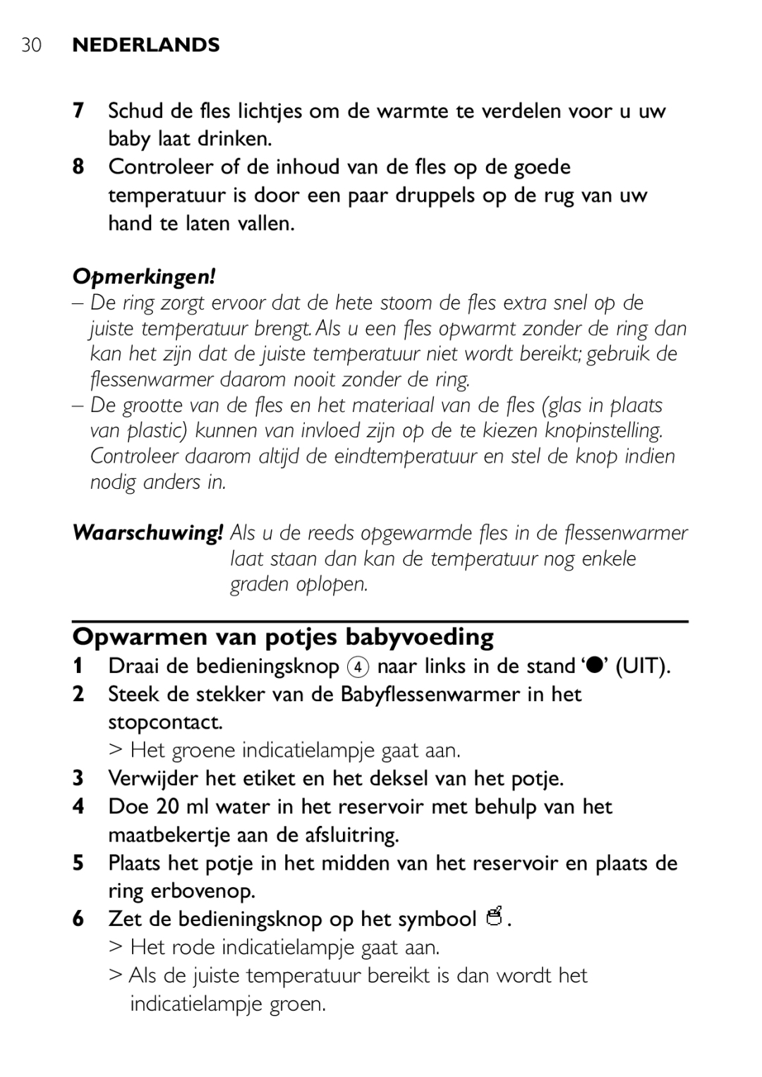 Philips SCF250 user manual Opwarmen van potjes babyvoeding, Opmerkingen 