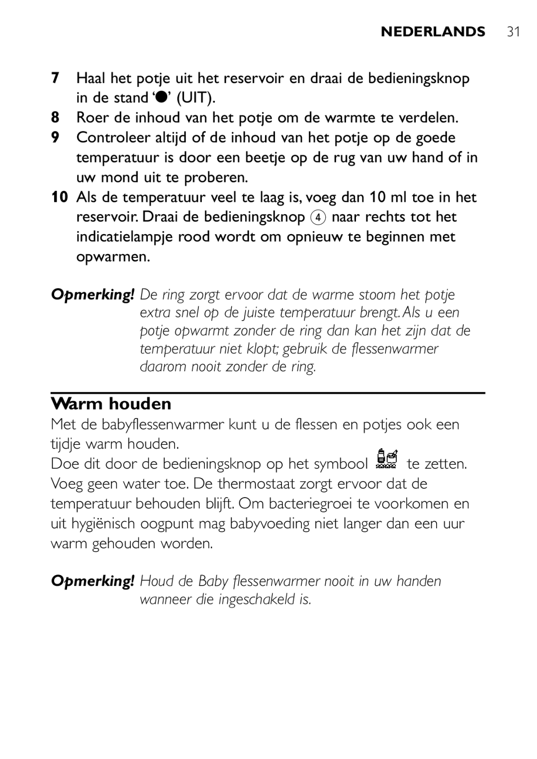 Philips SCF250 user manual Warm houden 