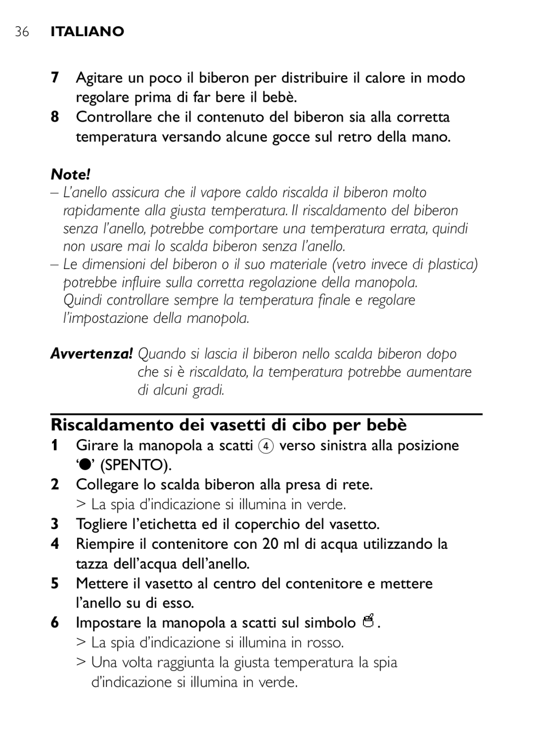 Philips SCF250 user manual Riscaldamento dei vasetti di cibo per bebè 