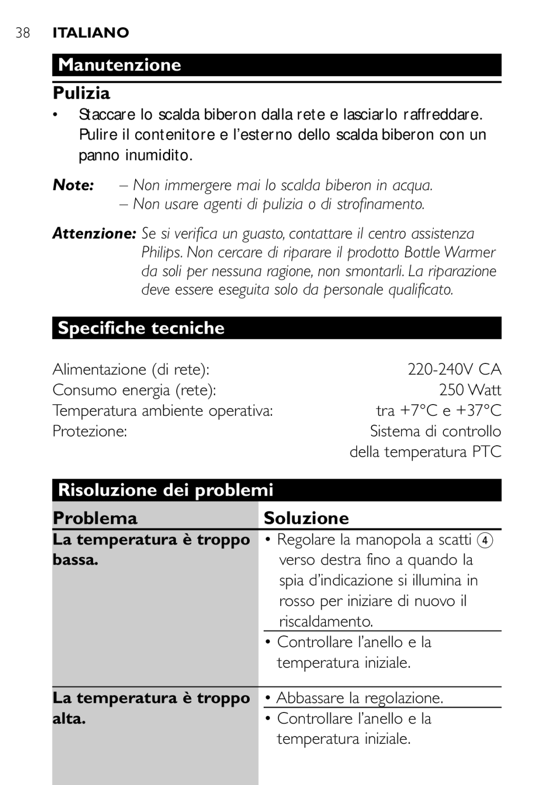 Philips SCF250 user manual Manutenzione, Pulizia, Specifiche tecniche, Risoluzione dei problemi, ProblemaSoluzione 